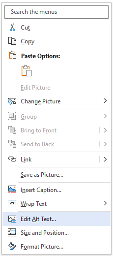 The picture shows the selection of Edit Alt Text